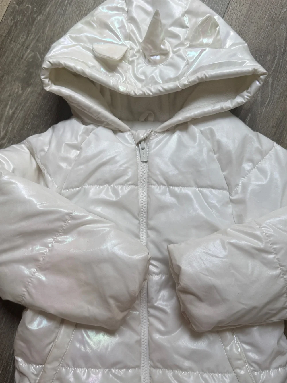 Old Navy Iridescent White Puffer Jacket with Hood and Horns